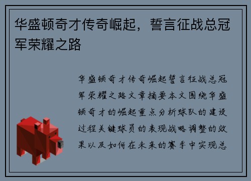 华盛顿奇才传奇崛起，誓言征战总冠军荣耀之路